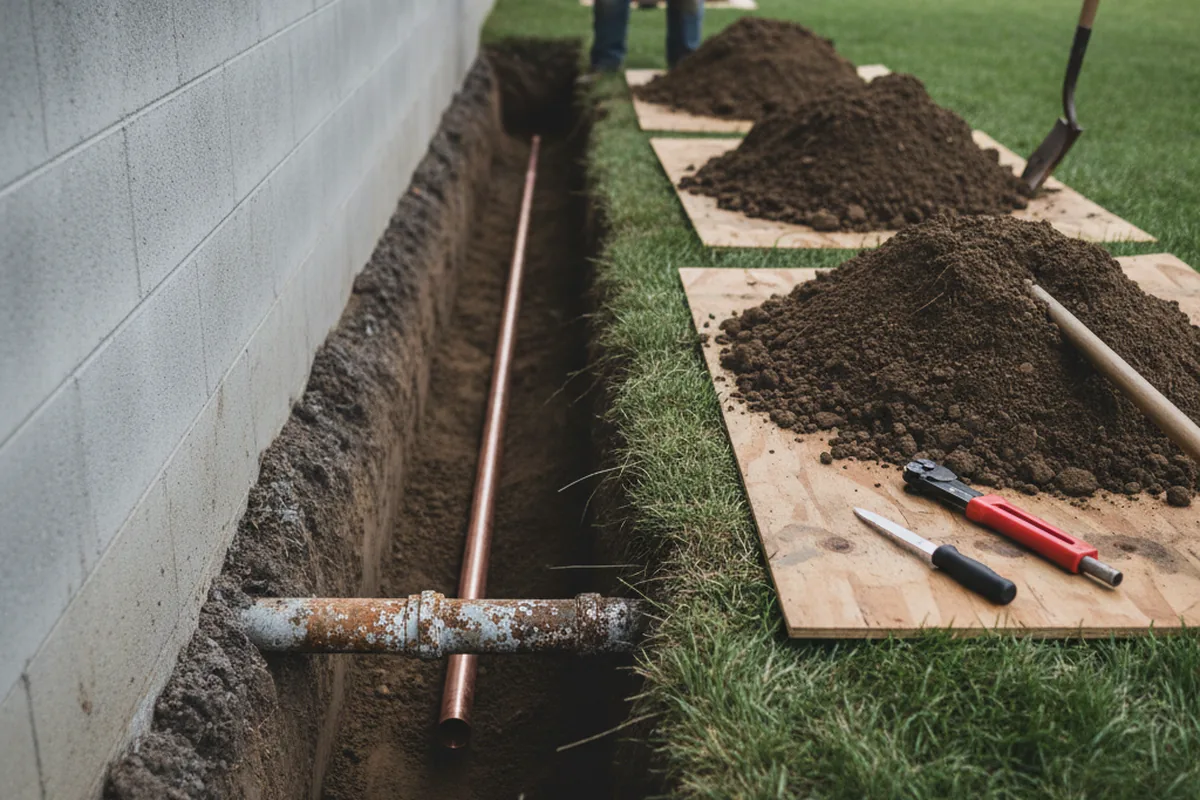 Excavated water line trench during Water Heater Repair in Woodstock